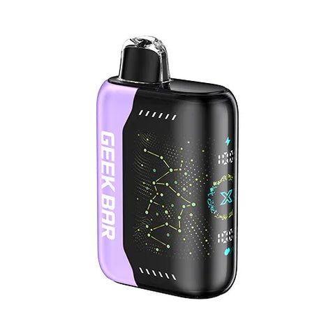 Front view of a mauve Geek Bar Pulse X 25K vape device showcasing its innovative 3D curved screen, featuring the tantalizing Lime Berry Orange flavor.