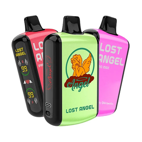 The Lost Angel Pro Max Vape 20K 3 Pack Bundle showcases three disposable vape devices in different colors, highlighting the variety of flavors available in this cost-saving bundle.