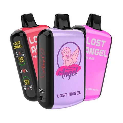 The Lost Angel Pro Max Vape 20K 5 Pack Bundle features three disposable vape devices in different colors, showcasing the diverse range of flavors available in this cost-effective and expansive bundle.