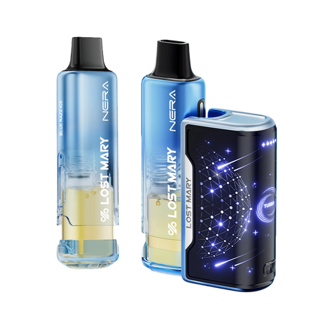 Blue Razz Ice Lost Mary NERA 70K Disposable Kit with mesh coils and visible e-liquid pods