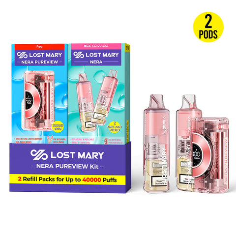 Lost Mary Nera Pureview 40K in Pink Lemonade flavor with refillable pod system supporting up to 40,000 puffs