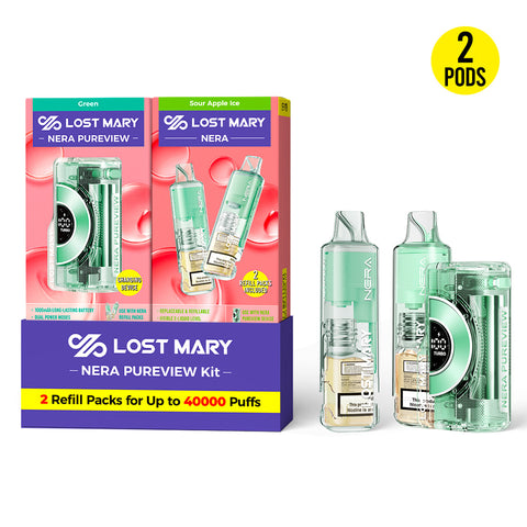 Lost Mary Nera Pureview 40K in Sour Apple Ice flavor featuring dual 10ml refill packs for extended use