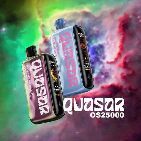 Quasar OS25000 vape devices in purple and blue against colorful cosmic background, featuring digital displays and sleek design for advanced vaping experience