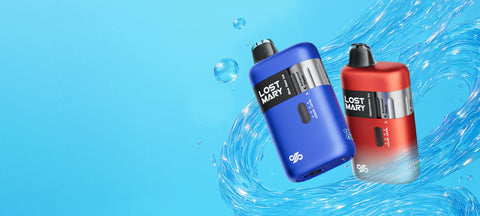 Two Lost Mary Vape devices, one blue and one red, on a blue water splash background.