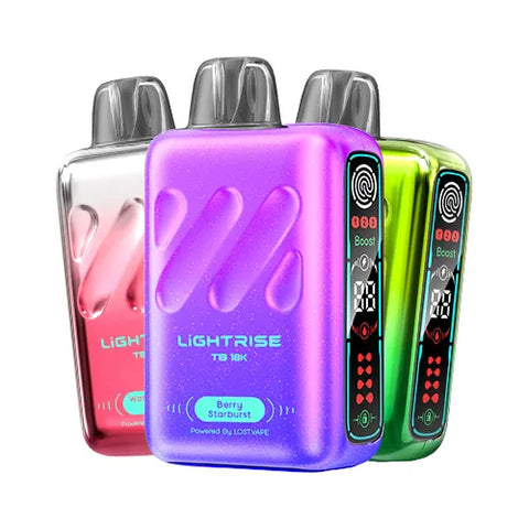 Front view of 3 Lost Vape Lightrise TB 18K vapes displaying the full spectrum of flavors, from fruity blends to refreshing mint options, demonstrating the extensive selection in the 10-pack bundle.