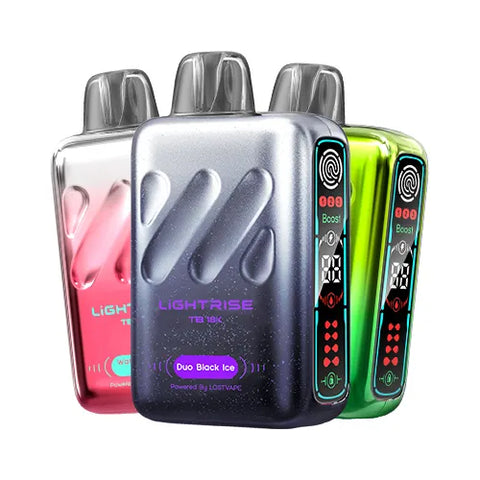 Three Lost Vape Lightrise TB 18K vapes in Cool Mint, Hawaii Rainbow, and Peach Lemonade flavors, showcasing the sleek design and color options available in the 3-pack bundle.