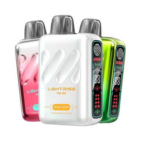 Lost Vape Lightrise TB 18K vapes in Berry Starburst, Blueberry Raspberry, Cool Mint, Grape Burst, and Peach Lemonade flavors, highlighting the wide range of flavors available in the 5-pack bundle.