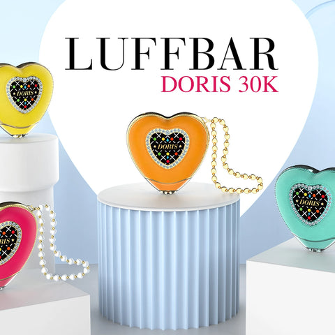 Heart-shaped LUFFBAR Doris 30K products on a white and blue geometric background