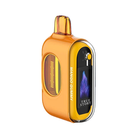 Front view of the mellow apricot True Story 20K Vape disposable device showcasing its soft orange hue, prominent HD screen, and transparent circular window revealing the e-liquid level. The device is pre-filled with the delectable Mango Gummy flavor, one of the many mouthwatering True Story Vape Flavors available in this groundbreaking 20000 puff disposable vape.