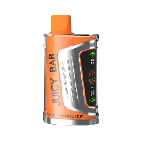 Front view of the pastel orange-colored Juicy Bar JB25000 Pro Max disposable vape in Mango Orange Ice flavor, showcasing its futuristic design with dual LED screens, 900mAh battery for extended vaping sessions, 19mL e-liquid capacity and advanced super dual mesh coil for optimal flavor and vapor production