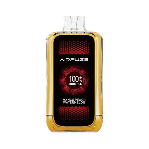 Front view of the metallic gold Airfuze Jet 20000 Vape in Mango Peach Watermelon flavor, highlighting the sleek and stylish design along with the advanced features such as the clear indicator screen for an unparalleled vaping experience.