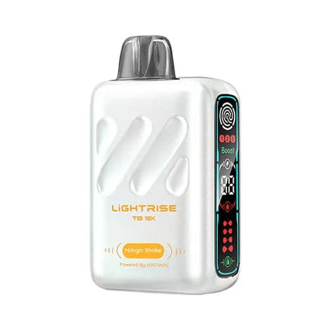 Front view of an anti-flash white Lost Vape Lightrise TB 18K vape device with vibrant yellow text, showcasing its sleek and modern design, long screen, and touch button for mode selection, offering a smooth and luscious Mango Shake flavor.