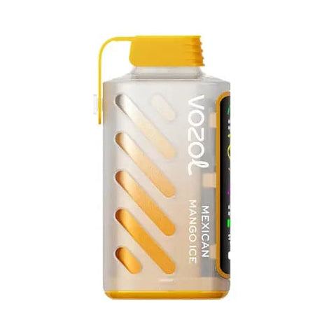 Mexican Mango Ice Vozol Gear Power 20000 disposable vape in a vibrant Deli Yellow design, featuring a full-view display and protective mouthpiece lid. The device boasts advanced S.i.L.C Tech for smooth, consistent puffs and offers up to 20000 puffs with its 20mL pre-filled e-liquid and efficient dual mesh coils.