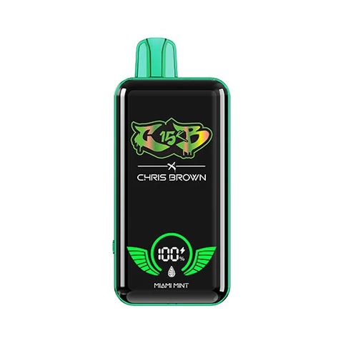 Front view of the Mountain Meadow-colored Chris Brown CB15K Vape in Miami Mint flavor, highlighting its sleek design, unique display screen, and advanced features for a refreshing and invigorating vaping experience.