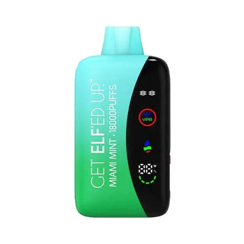 The front view of the innovative VPR GET ELF'ED UP vape is shown with a gradient of bright colors dark green and light green, featuring 18000+ puffs, 18ml e-liquid capacity, 5.0% nicotine strength, LED screen display, and USB-C rechargeable battery, infused with the refreshing Miami Mint flavor.