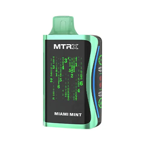 Front view of the light green MTRX MX 25000 disposable vape device in Minty O's flavor, showcasing a modern, cyberpunk-inspired design with a smart display for a futuristic and high-tech appearance.