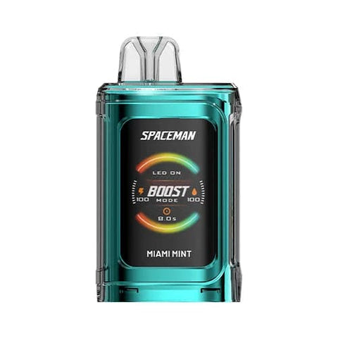 A front view of the shining green Miami Mint flavored Spaceman Vape PRISM 20k device with 1000mAh battery, 1.77" color screen, 18ml tank capacity and ergonomic adjustable airflow design.