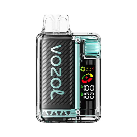 Front view of the HOLIDAY-colored Vozol Vista 16000 Vape in Miami Mint flavor, featuring a transparent modern design with a smart display and 360° wattage adjustment gear for a personalized and refreshing vaping experience.