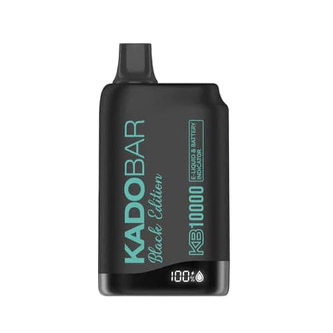 A sleek black Kado Bar KB10000 Black Edition disposable vape featuring green Mint text and brand logo, showcasing a sophisticated and discreet design. The device boasts a dual mesh coil, 18mL e-liquid capacity, and 10000+ puffs for a refreshingly cool and invigorating mint vaping experience.