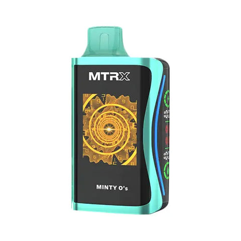 Front view of the light cyan MTRX MX 25000 disposable vape device in Pineapple Peach flavor, showcasing a modern, cyberpunk-inspired design with a smart display for a futuristic and high-tech appearance.