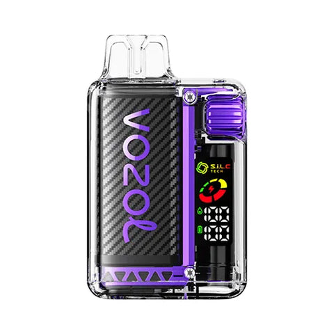Front view of the SAGAT PURPLE-colored Vozol Vista 16000 Vape in Mixed Berries flavor, showcasing a transparent modern design with a smart display and 360° wattage adjustment gear for a personalized and flavorful vaping experience.