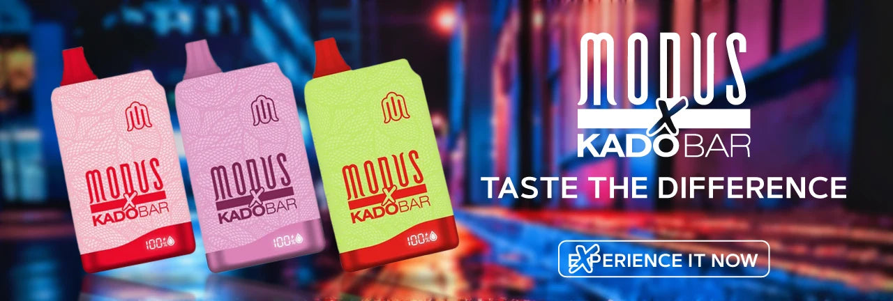 Modus X Kado Bar KB10000 full color desktop banner with 3 devices of 10000 puffs