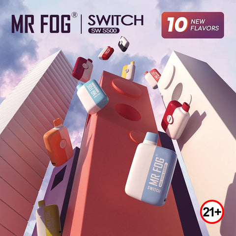 MR FOG Switch SW 5500 vape device with colorful packaging against a modern building background.