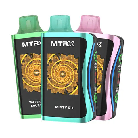 Front view of the MTRX MX 25000 disposable vape 10 Pack Bundle, showcasing ten devices in different colors and flavors with a modern, cyberpunk-inspired design and smart displays for a futuristic and high-tech appearance, offering the ultimate flavor variety.