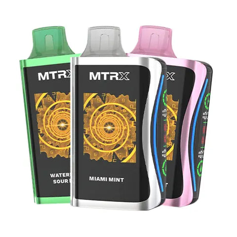 Front view of the MTRX MX 25000 disposable vape 3 Pack Bundle, showcasing three devices in different colors and flavors with a modern, cyberpunk-inspired design and smart displays for a futuristic and high-tech appearance.