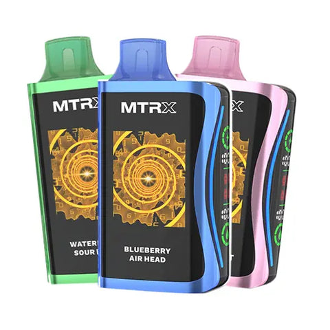 Front view of the MTRX MX 25000 disposable vape 5 Pack Bundle, showcasing five devices in different colors and flavors with a modern, cyberpunk-inspired design and smart displays for a futuristic and high-tech appearance.