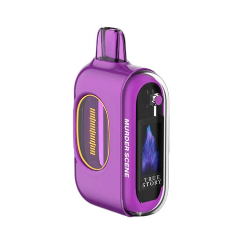 Front view of the French mauve True Story 20K Vape disposable device showcasing its elegant purple hue, striking HD screen, and transparent circular window revealing the e-liquid level. The device is pre-filled with the enigmatic Murder Scene flavor, one of the many captivating True Story Vape Flavors available in this revolutionary 20000 puff disposable vape.