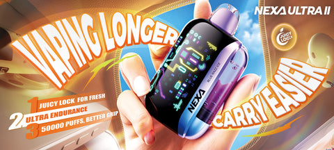Hand holding a vaping device with promotional text and branding on a colorful background