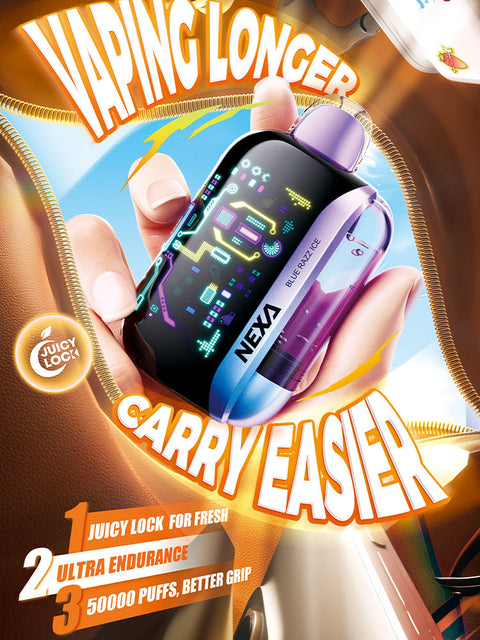 Nexa Ultra II 50,000 puffs disposable vape, featuring a hand holding the device with vibrant graphics. Highlights include Juicy Lock technology for fresh flavor, ultra endurance, leak-proof design, and compact grip
