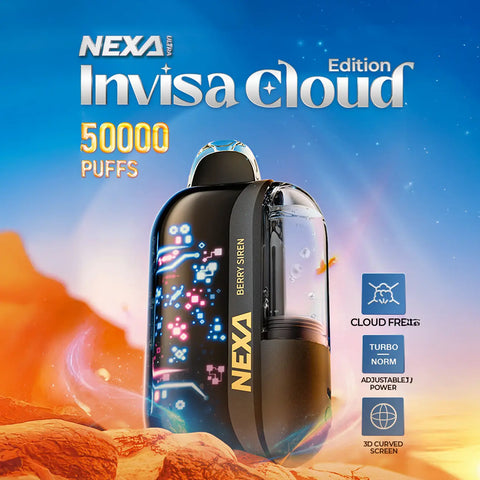 NEXA Ultra InvisaCloud Edition 50000 Puffs Disposable Vape - Cloud-Free Technology, Adjustable Turbo and Norm Power Modes, 3D Curved Screen, Berry Siren Flavor, Transparent Crystal Tank Design, Ideal for Stealth Vaping - Advanced Features and Long-Lasting Performance.