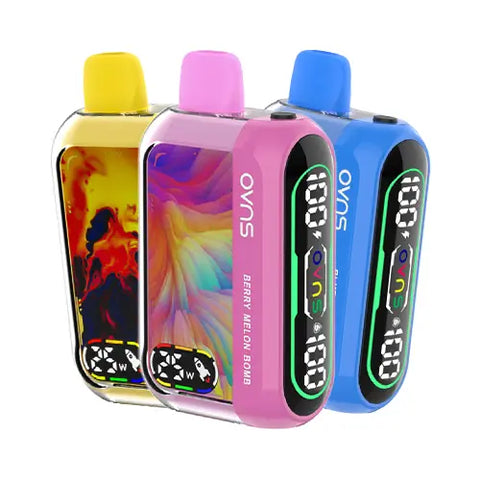 The OVNS Dream 25K Vape 3 Pack Bundle showcasing three devices in different colors and flavors, highlighting the opportunity to mix and match flavors while enjoying advanced features such as dual screens, adjustable airflow, and 25000 puffs per device.