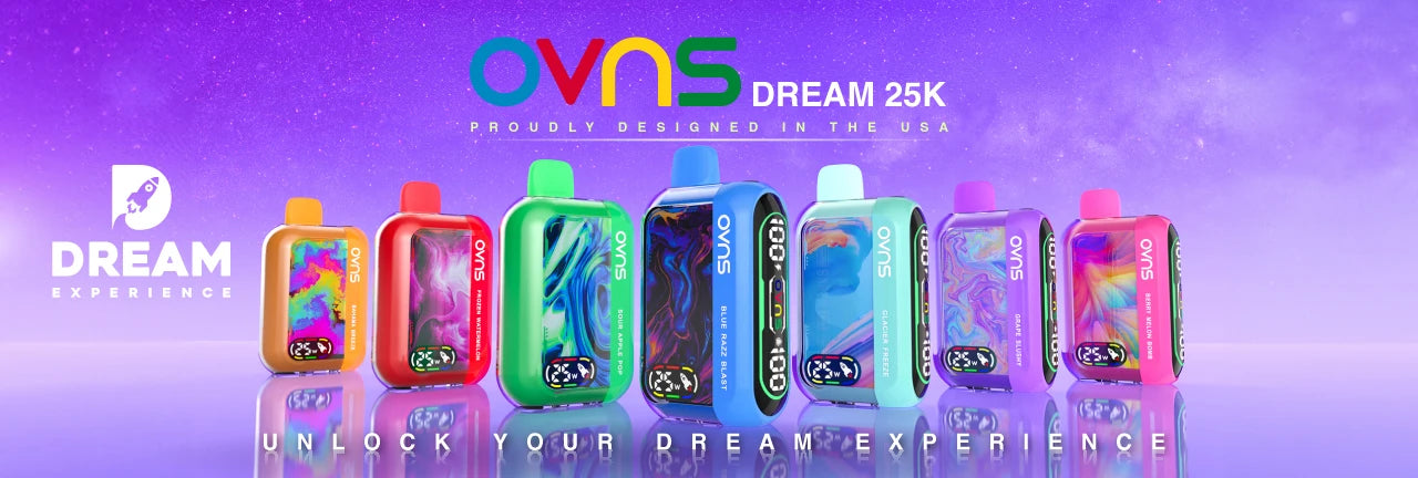 OVNS Dream 25K vape devices in multiple colors and flavors - 25000 puffs, USA designed, adjustable airflow, dual screens