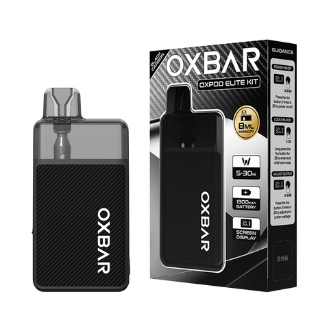 Oxbar Oxpod Elite Kit – Black Carbon finish, premium leather-textured vape with 8ml pod and 30W control.