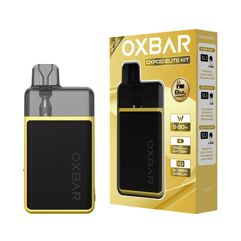 Oxbar x Pod Juice Oxpod Elite Kit in Gold Black – bold contrast with high-end leather look and smart display.