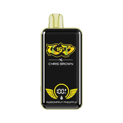 Front view of the straw-colored Chris Brown CB15K Vape in Passionfruit Pineapple flavor, showcasing its sleek design, unique display screen, and advanced features for a tropically delightful vaping experience.