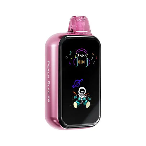 Front view of a charm pink Rama TL 16000 Vape in Peach Glacier flavor, featuring a modern, sleek design with a wide, transparent screen that clearly displays essential vaping information for seamless performance management and customization.
