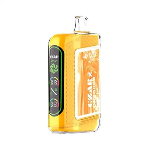 The CZAR CX 15000 Disposable Vape in Peach Ice flavor, featuring a sleek Satin Sheen Gold design with a dual ultra screen display. This state-of-the-art CZARx vape offers up to 15,000 puffs, dual mesh coil technology for enhanced flavor extraction, and adjustable airflow for a personalized vaping experience.
