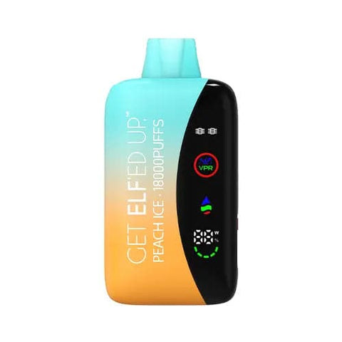 The front view of the innovative VPR GET ELF'ED UP vape is shown with a gradient of bright colors orange and light cyan, featuring Peach Ice flavor. With an 800mAh battery, USB-C rapid charging, and LED screen display, this vape delivers convenience and satisfaction. 