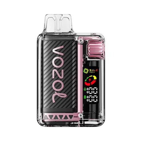 Front view of the BERRY BLUSH-colored Vozol Vista 16000 Vape in Peach Ice flavor, featuring a transparent modern design with a smart display and 360° wattage adjustment gear for a personalized and refreshing vaping experience.