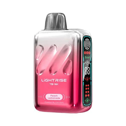Front view of a Lost Vape Lightrise TB 18K vape device with a soft gradient design transitioning from brink pink to white, showcasing its modern appearance, long screen, and touch button for mode selection, offering a sweet and tangy Peach Lemonade flavor.