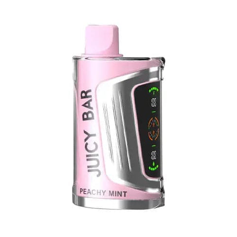 Front view of the pink lace-colored Juicy Bar JB25000 Pro Max disposable vape in Peachy Mint flavor, showcasing its futuristic design with dual LED screens, 900mAh battery for extended vaping sessions, 19mL e-liquid capacity and advanced super dual mesh coil for optimal flavor and vapor production.