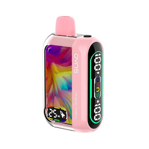 Front view of the Spanish pink OVNS Dream 25K Vape in Peachy Punch flavor, highlighting its sleek design, easy-to-read dual screens displaying battery life, e-liquid level, and wattage indicators, and advanced features for a delightful and invigorating vaping experience.