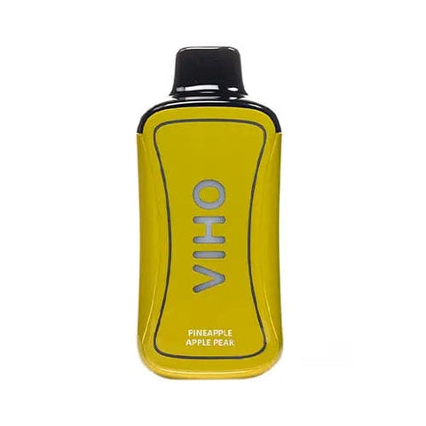 Front view of the ergonomic VIHO Supercharge 20K disposable vape in the exotic Pineapple Apple Pear flavor, showcasing a stunning dark yellow design. This innovative device delivers an impressive 20,000+ puffs and features a generous 21mL pre-filled e-liquid capacity for extended vaping pleasure.