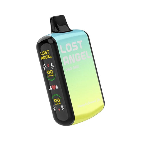 Front view of the Lost Angel Pro Max Vape in a gradient from Lemon Yellow to Crystal color, showcasing the dual-screen display and sleek design of this disposable vape device filled with the tropical and refreshing Pineapple Coconut Ice flavored e-liquid.
