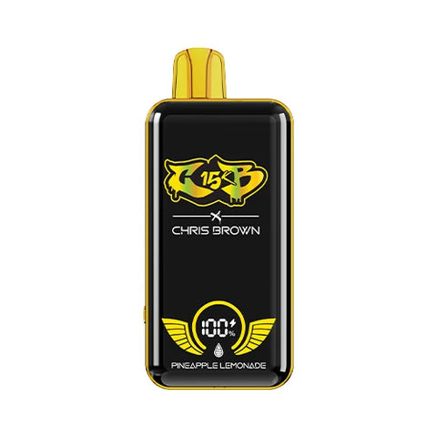 Front view of the goldenrod-colored Chris Brown CB15K Vape in Pineapple Lemonade flavor, showcasing its sleek design, unique display screen, and advanced features for a refreshingly tropical vaping experience.