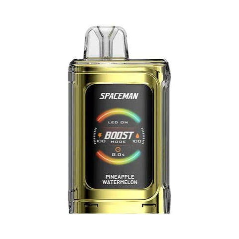 A front view of the metallic yellow Pineapple Watermelon flavored Spaceman Vape PRISM 20k device with 1000mAh battery, vibrant 1.77" color screen, 18ml tank capacity and ergonomic adjustable airflow design.